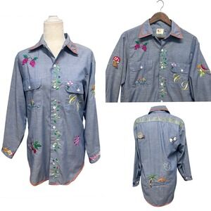 VTG 60s 70s Sz M Chambray Embroidered Hippie Boho Floral Novelty Shirt‎ JCPenney